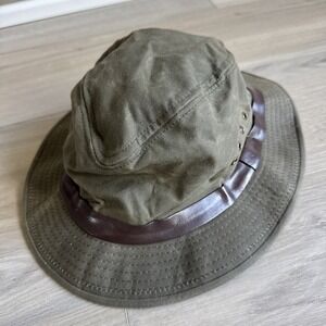 Vintage Filson Tin Cloth Packer Olive Green Hat Waxed Cotton Canvas Made‎ In USA
